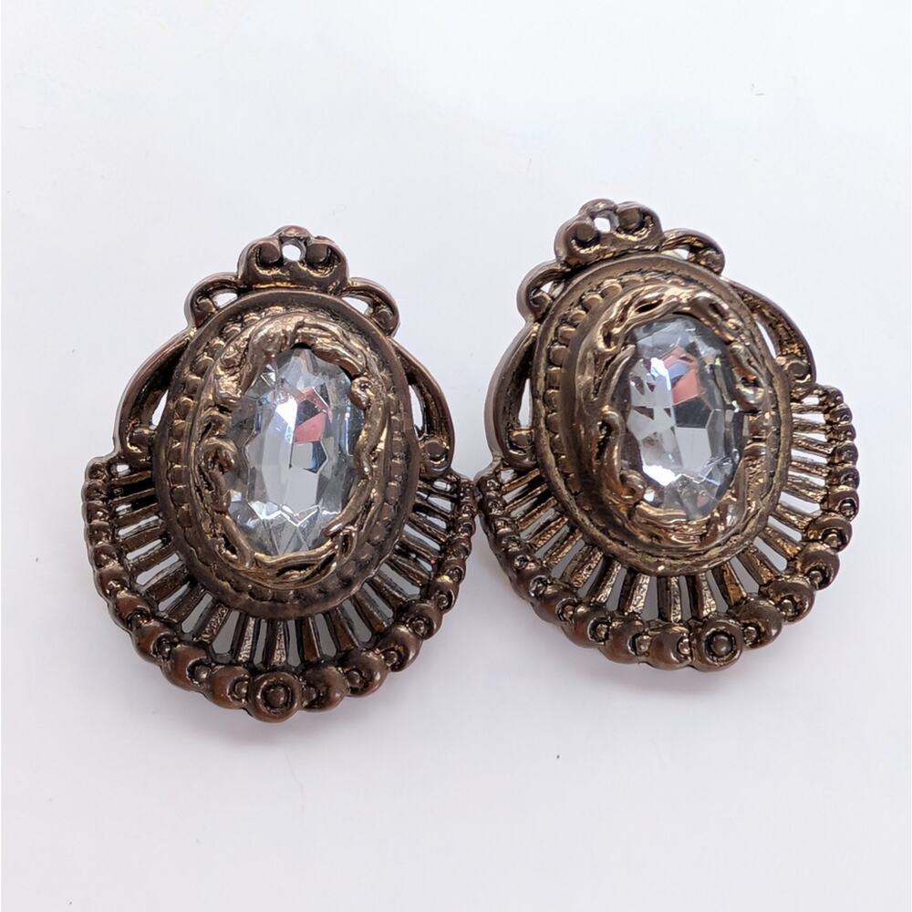 Victorian Inspired Lightweight Rhinestone Bronze Filigree Clip On Earrings